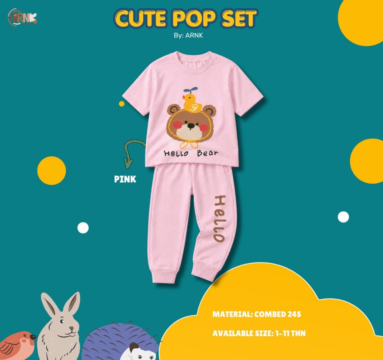 ARNK 6.3 PINK HELLO BEAR KIDS CUTE POP SET BY ARNK